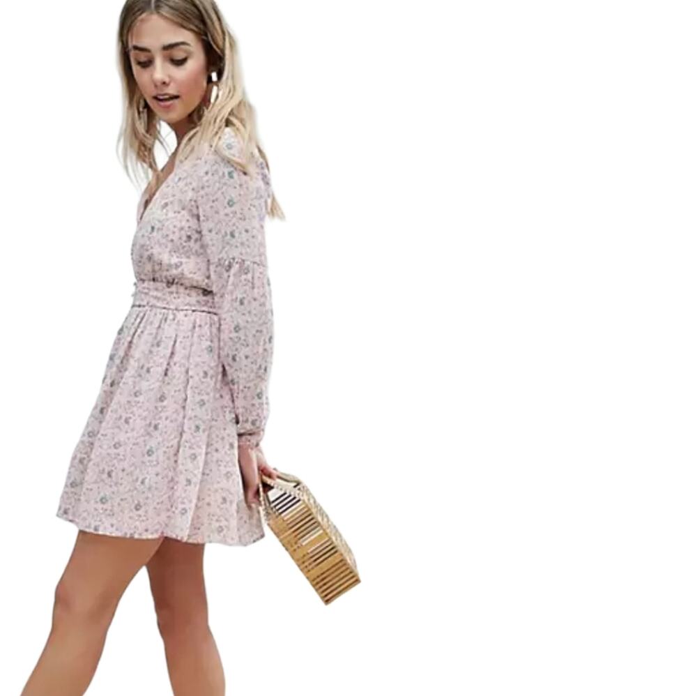 Missguided Pink Chiffon Dress In Floral Spring Easter Size 8
